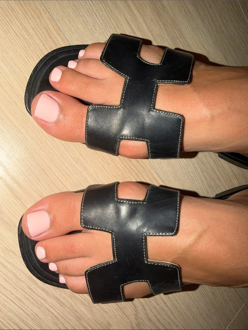 Hermes Black and Tan Oran Leather Slide Sandals - Picture 5 of 7